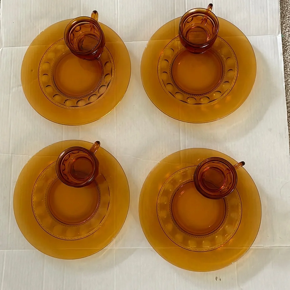Amber Indiana Glass Kings Crown Thumbprint Pattern Luncheon Plates cups …